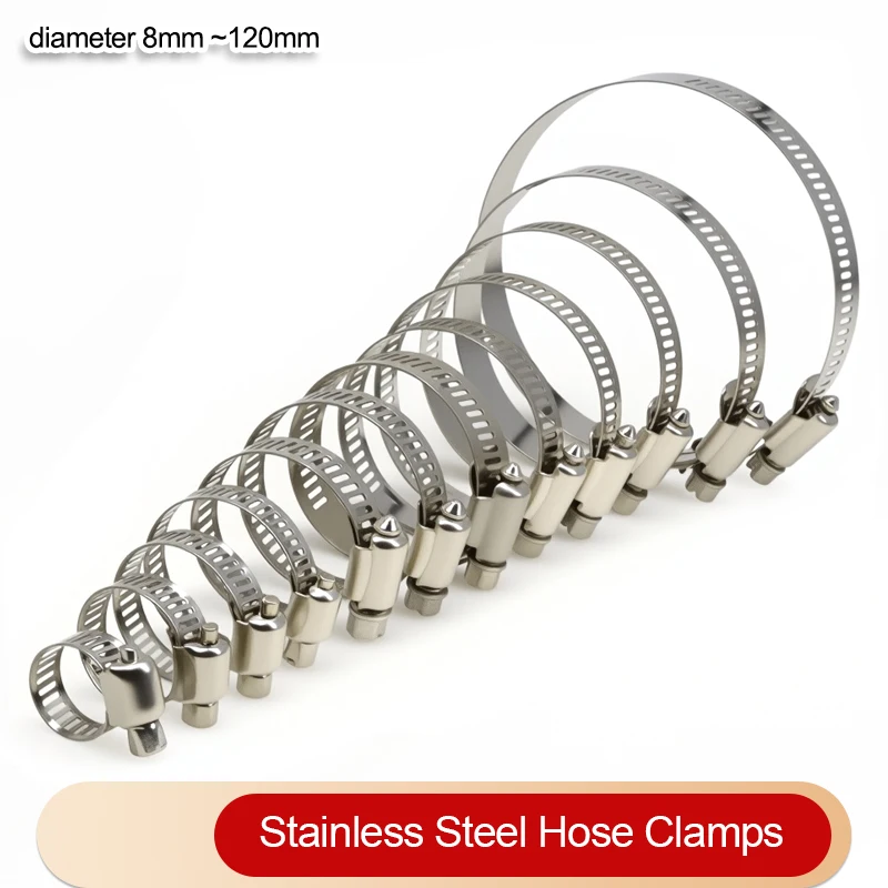 5pcs Stainless Steel Hose Clamps Diameter 8mm~120mm Adjustable Tri Gear Worm Fuel Tube Water Pipe  Fixed Clip Spring Cramps