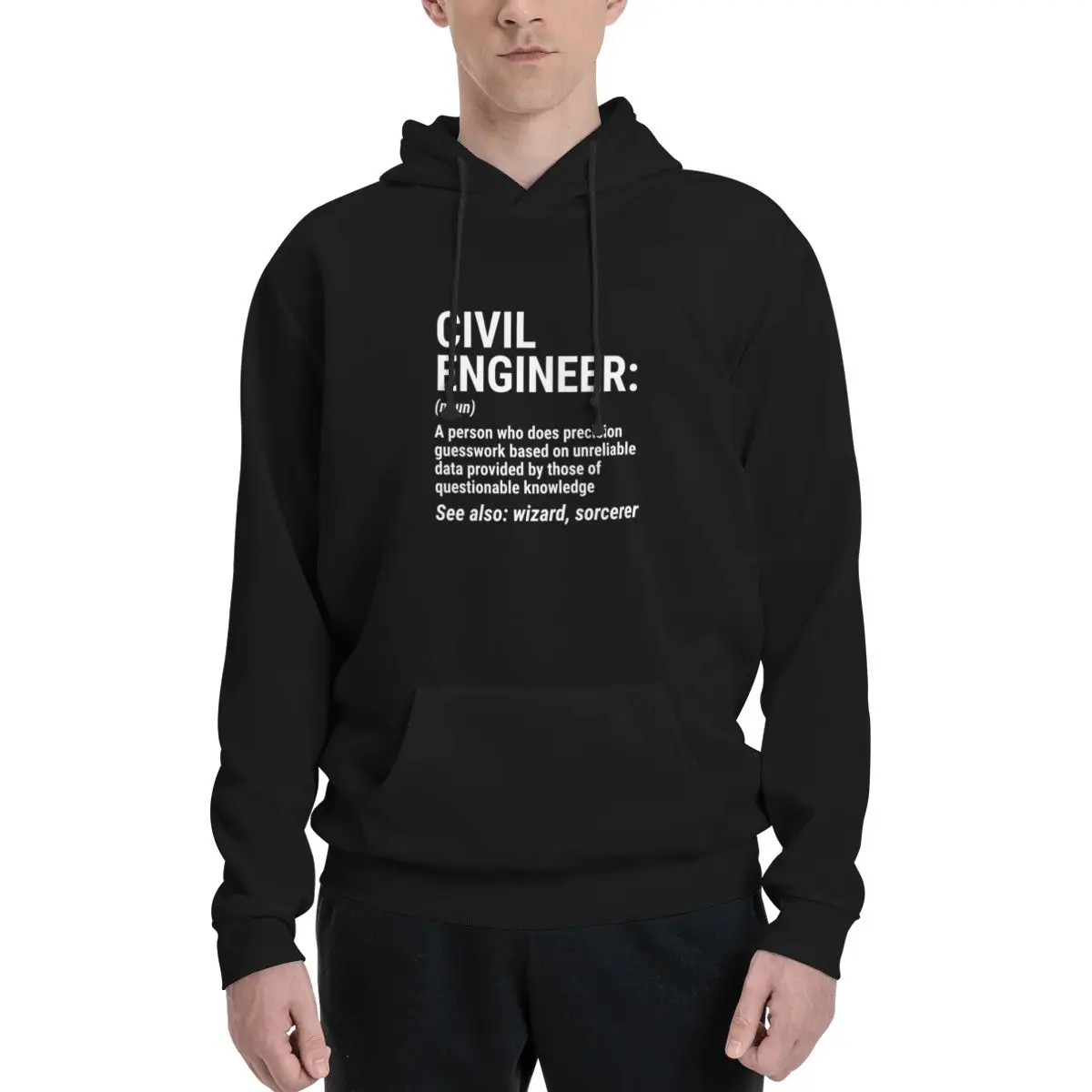 Camiseta engraçada com definição de engenheiro civil, modelo clássico, e moletons e suéteres masculinos.