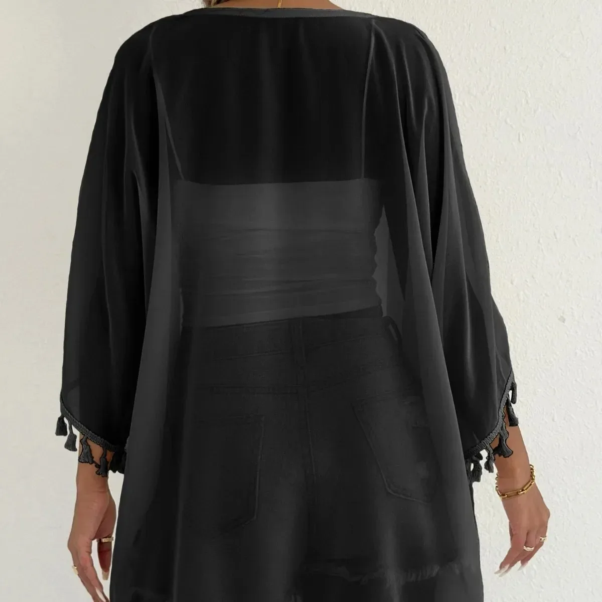 Senhoras casual praia biquíni protetor solar outerwear chiffon retalhos cor pura borla splice verão férias moda cobrir