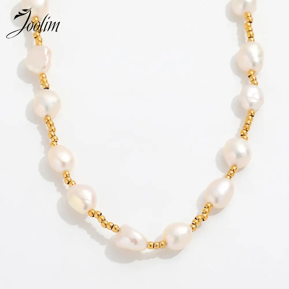 

Joolim Jewelry High End PVD Wholesale French Romantic Freshwater Pearl Interval Bead Chain Stainless Steel Necklace for Women