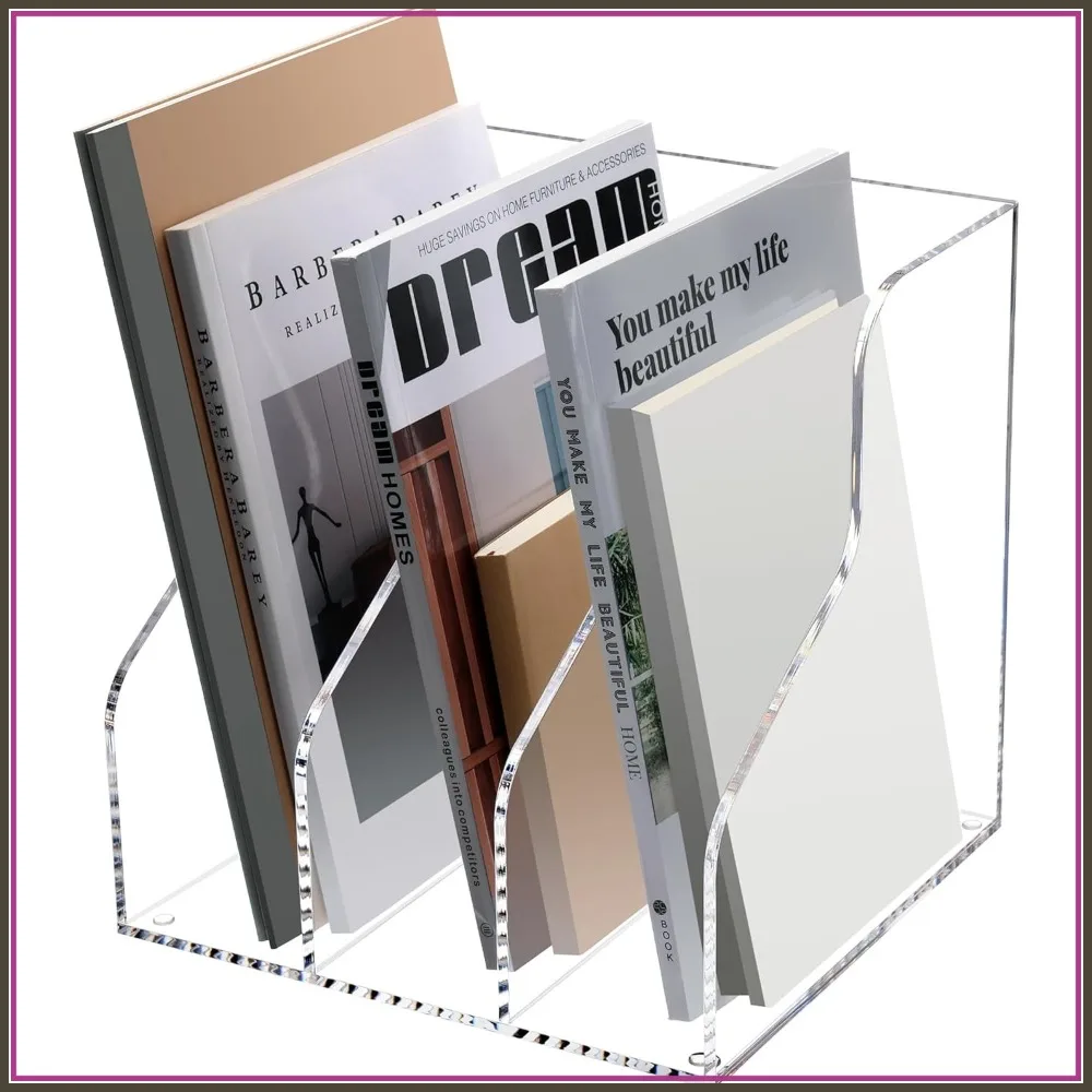 

Acrylic Magazine File Holder with 3 Vertical Compartments, Desk Organizer Rack for Office Home Classroom