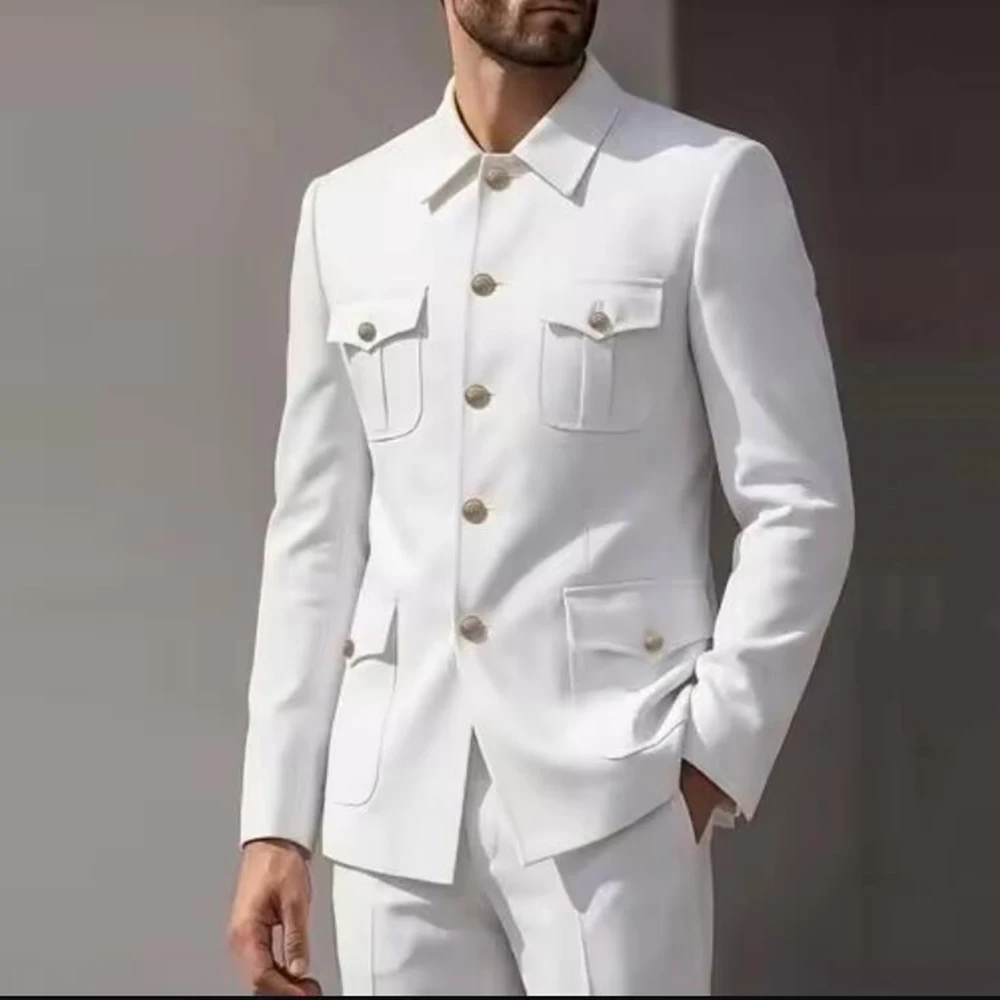 Elegant Men Suit 2 Pieces Set Multi Pocket Safari Style Jacket Pants Slim Fit Customized Daily Wear Business Wedding Tuxedo 2PCS