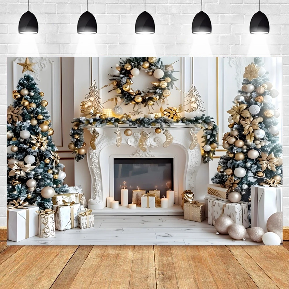 2024 Winter Christmas Photography Backdrop Xmas Tree Fireplace Window Gifts Baby Kids Family Portrait Photocall Background Decor