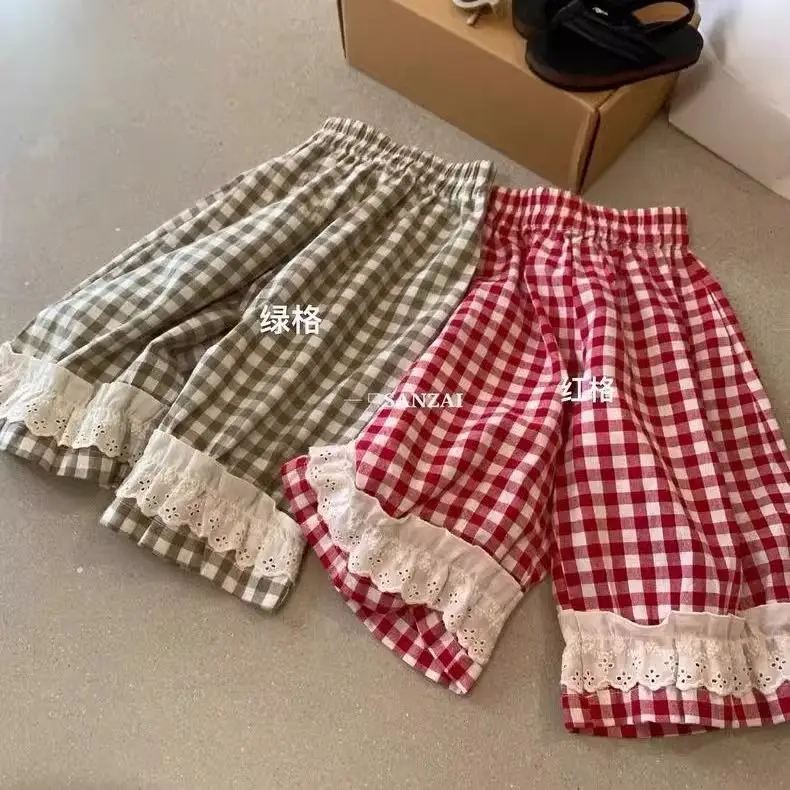 Children's Plaid Spring and Summer New Product Korean Clothing Retro Girls' Lace Loose Children's Plaid Pants