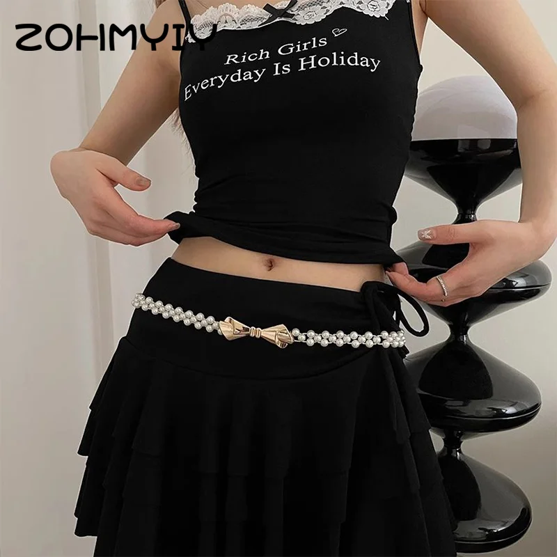 

Fashion Imitation Pearl Waist Chain Elastic Bow Waistband For Women Beaded Elastic Belt Jeans Skirts Decoration Accessories