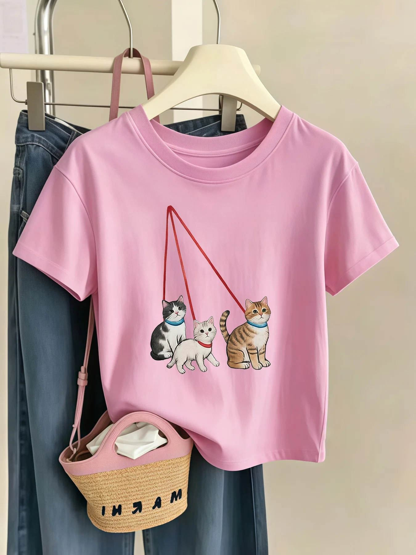 Parent Child Matching Tee Three Cats Pet Cartoon Graphic Short Sleeve Cotton T Shirt Girls Boys Kids Lovely Daily Casual Wear