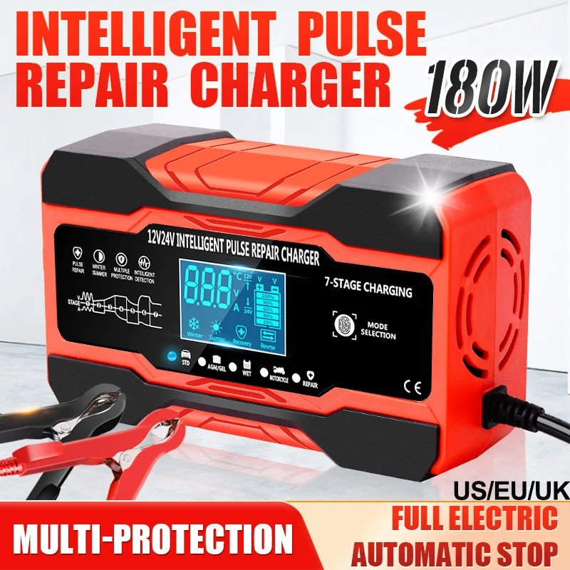 

Автомобильное зарядное устройство с ЖК-дисплеем для мотоцикла, 12 В, 10 А, 24 В, 5 А, 7-ступенчатая зарядка, интеллектуальное импульсное ремонтное зарядное устройство для AGM GEL WET Lead AciF