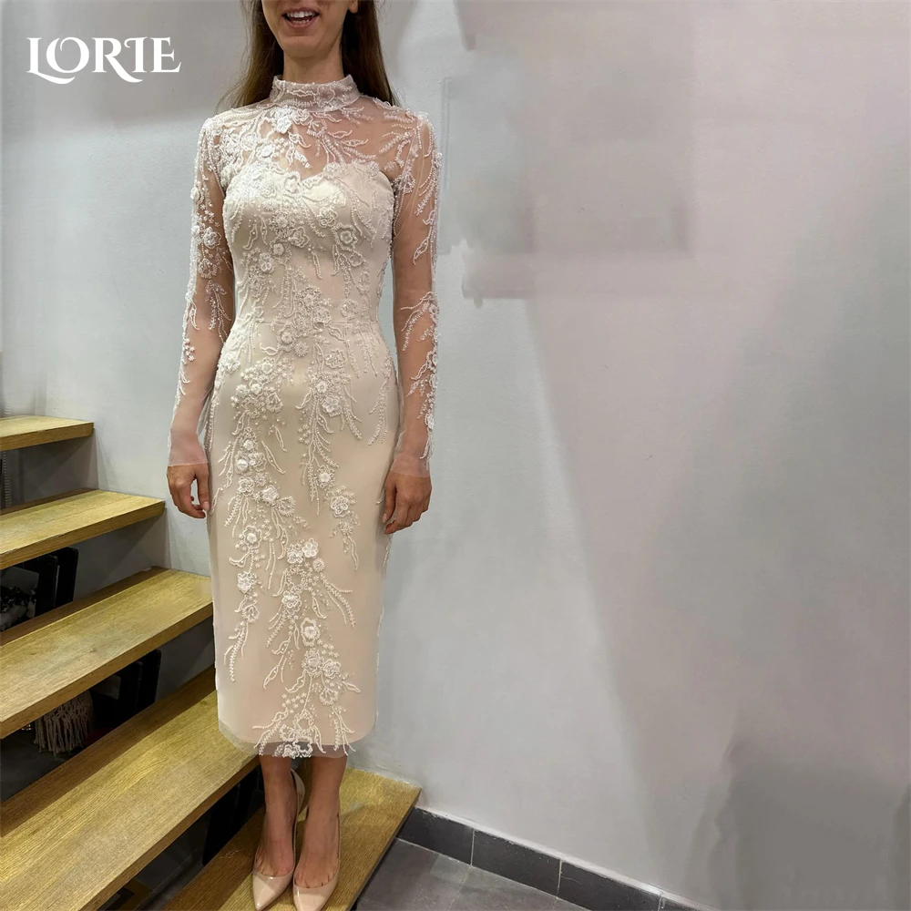 LORIE Elegant Lace Wedding Dresses High Neck Glitter Appliques Long Sleeves Bridal Gowns Elastic Tea Length Bride Dress 2024