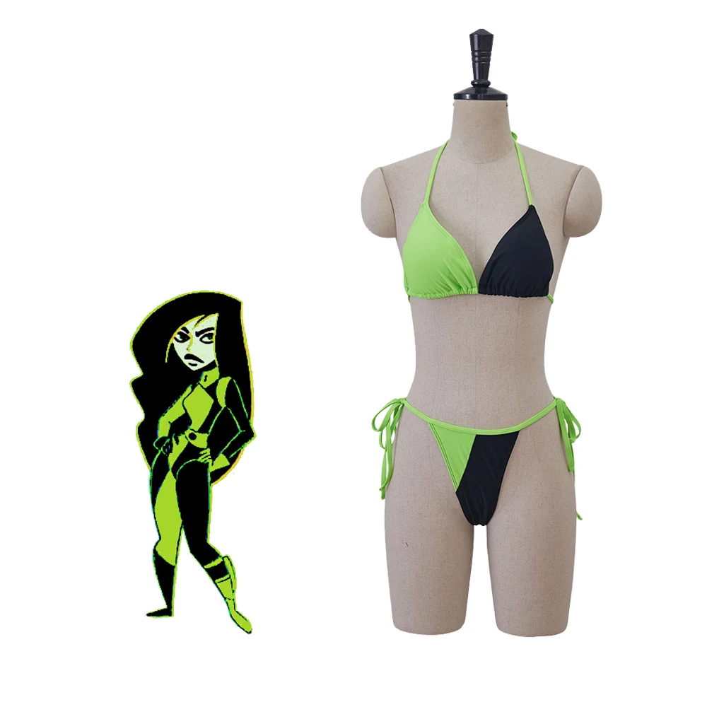 Kim Cosplay Possible Costume Villain Super Villain Shego Top Sexy Halter Neck Swimsuit Two-Piece Set Beach Bikini for Halloween