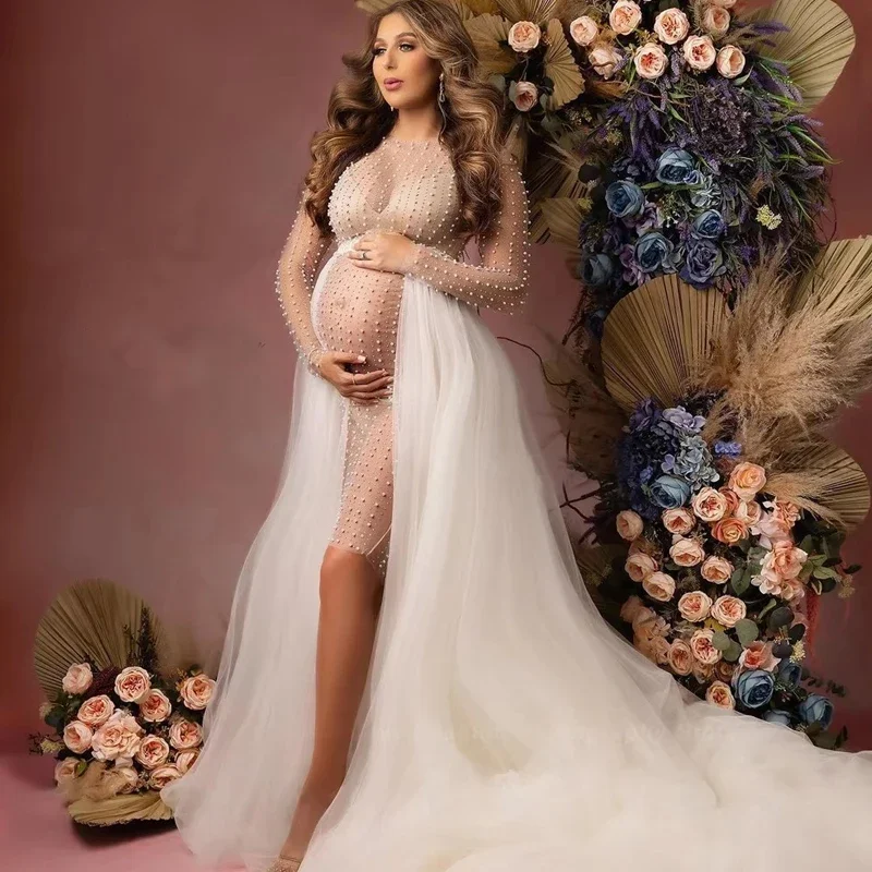 Maternity Photography Props Dress Transparent Tulle Pearl Pregnancy Dress baby shower dresses платье для беременных فساتين حوامل