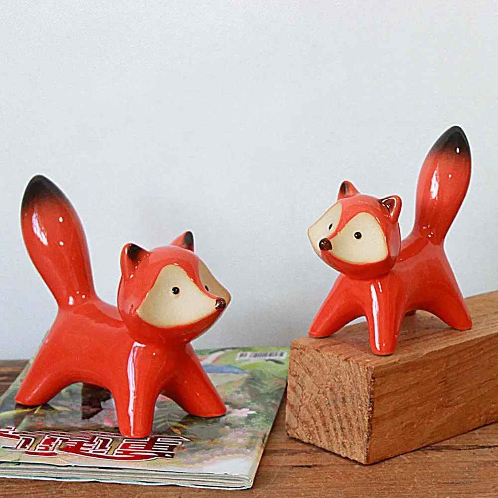 2Pcs Fox Ornament Cartoon Nordic Style Underglaze Red Porcelain Ceramic Ornament Fox Crafts Home Decoration Crafts Fox Figurine