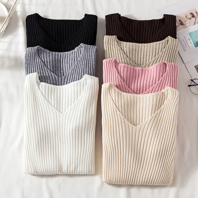 Jesienno-zimowe swetry damskie Casual z długim rękawem, dzianinowy sweter z dekoltem w szpic Femme Basic Solid Jersey Tops Fashion Clothes
