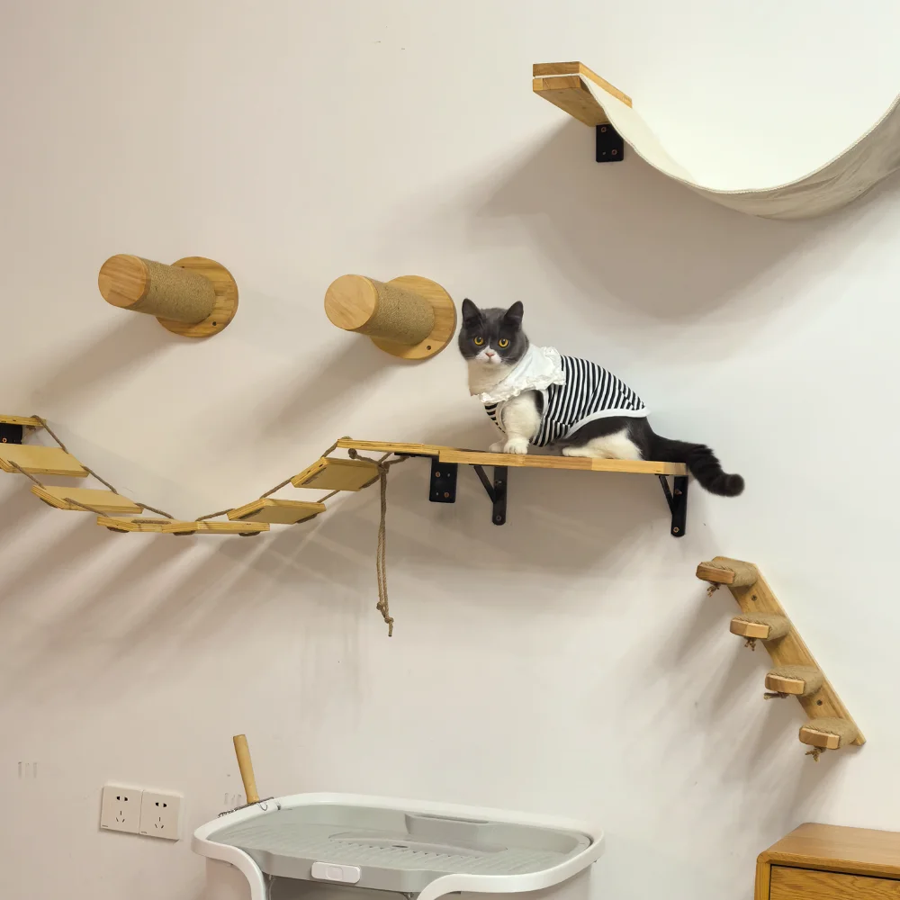 壁掛けキャットツリー無垢材猫クライミング棚サイザル麻階段スクラッチポストハンモック屋内猫ジムペット家具