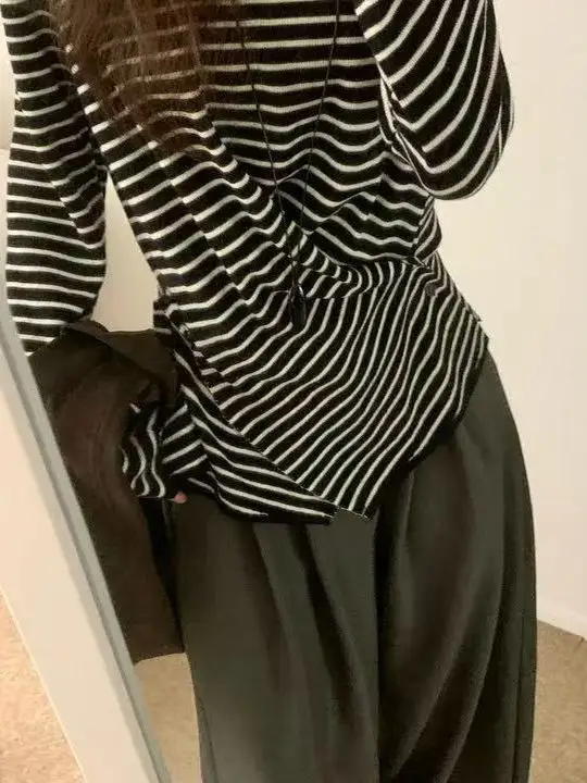 Korean Sle Striped Slim Long Sve Knitted Top Base Layer irt round Ne Irregular Design Versatile round Ne Pullover ...