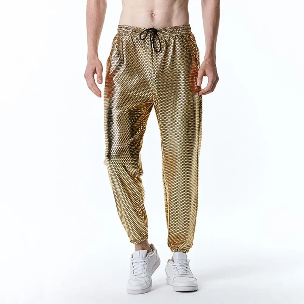 Men Trousers Retro 70s Disco Men's Pants Elastic Waist Rhombus Bronzing Metallic Ankle Length Club Party Trousers Men Athleisure