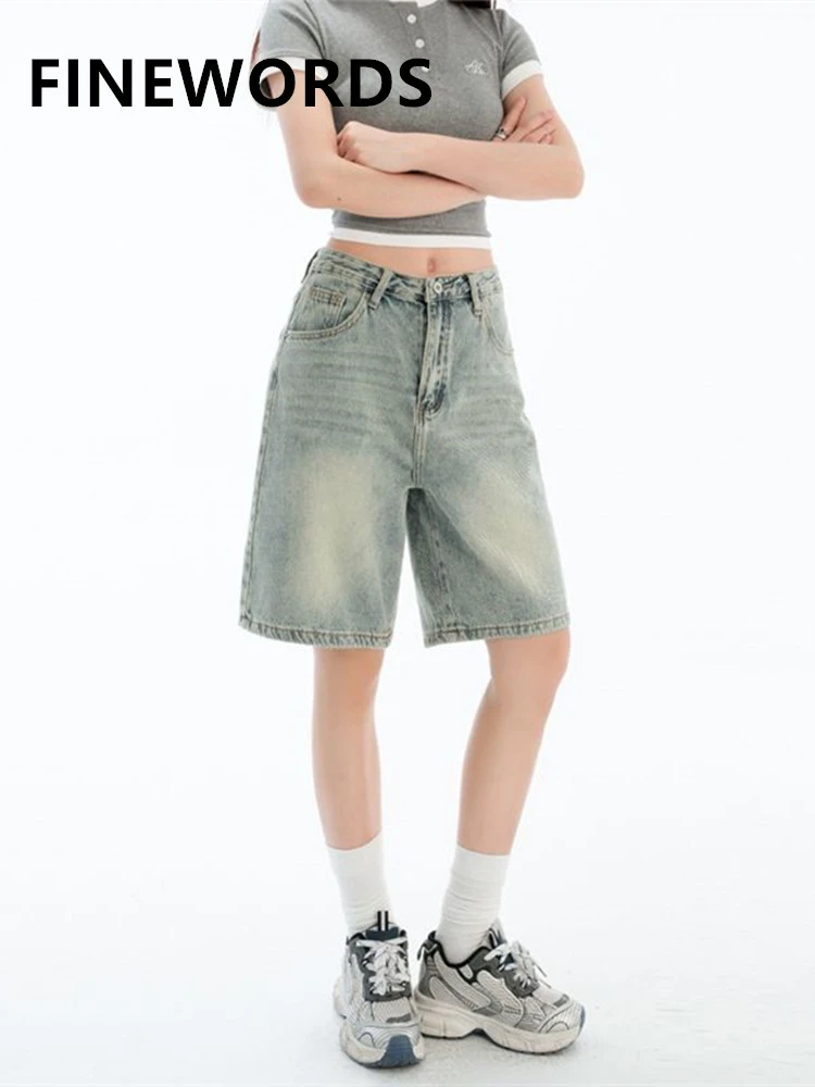

FINEWORDS винтажные летние джинсы со средней талией, женские корейские уличные шорты Easymatch, широкие короткие синие свободные шорты