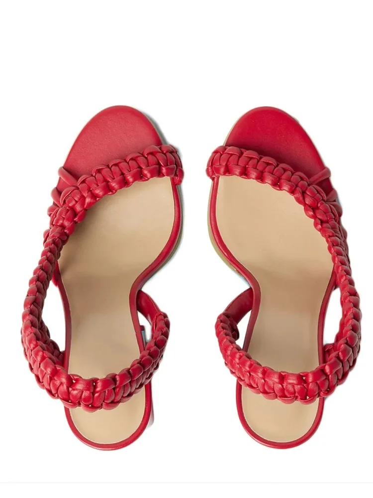 2026 Summer Fashion Knitted Coarse High Heel Sandals Round Headed Toothed Banquet Party Women's Large Sandals - view 3