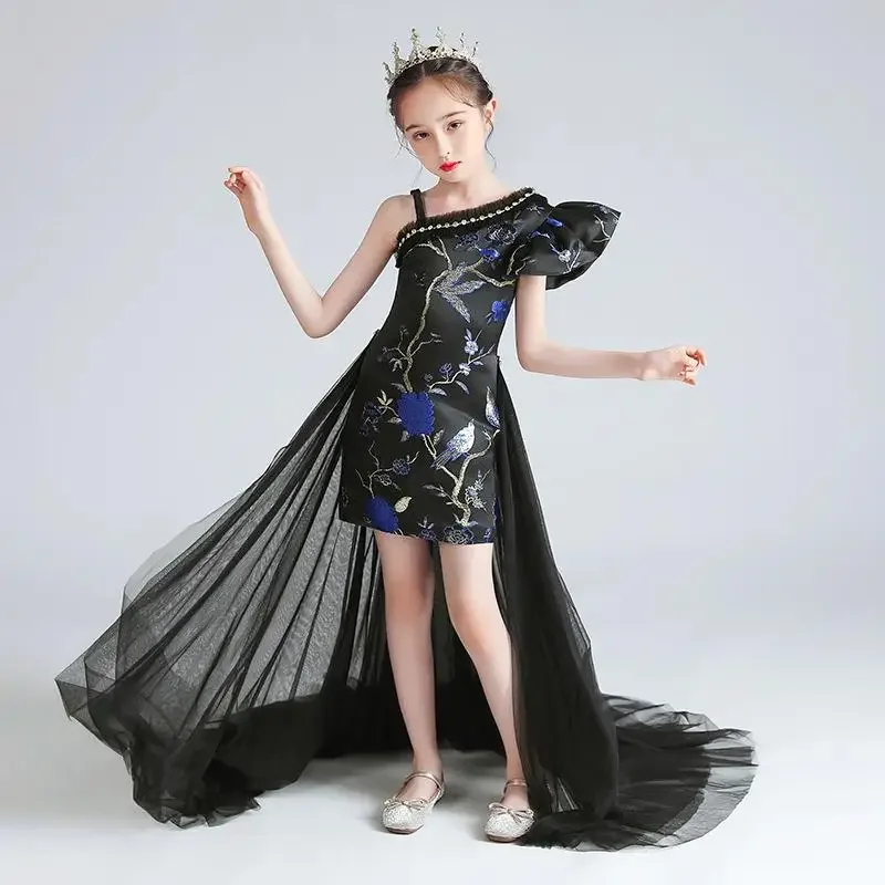 Vestido de noche para niñas, vestido bordado con volantes y un hombro, dobladillo alto y bajo, tren de tul, vestido de fiesta Formal, disfraz de desfile para niños