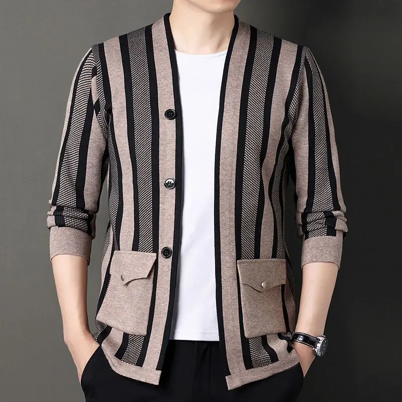 

Fashion Men Clothing Cardigans Striped Sweaters Autumn Winter New Coats Korean Contrast Color Vintage Casual Long Sleeve Tops