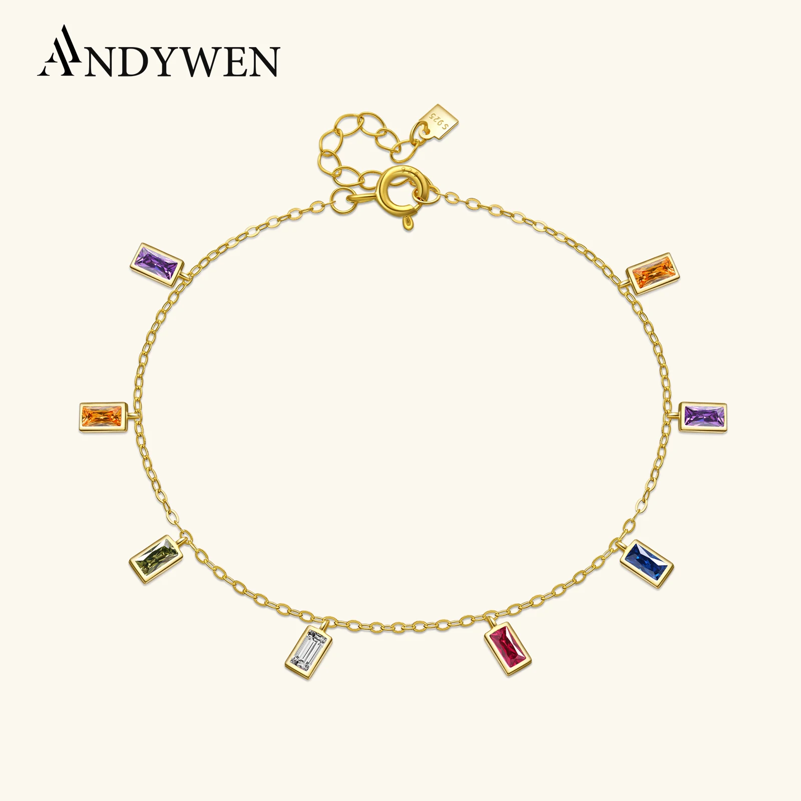 

ANDYWEN, браслет из стерлингового серебра 925 пробы, красочный Радужный браслет, мягкая цепочка с кристаллами CZ, браслет 2021, роскошный женский браслет для вечеринки в стиле рок, панк, европейский