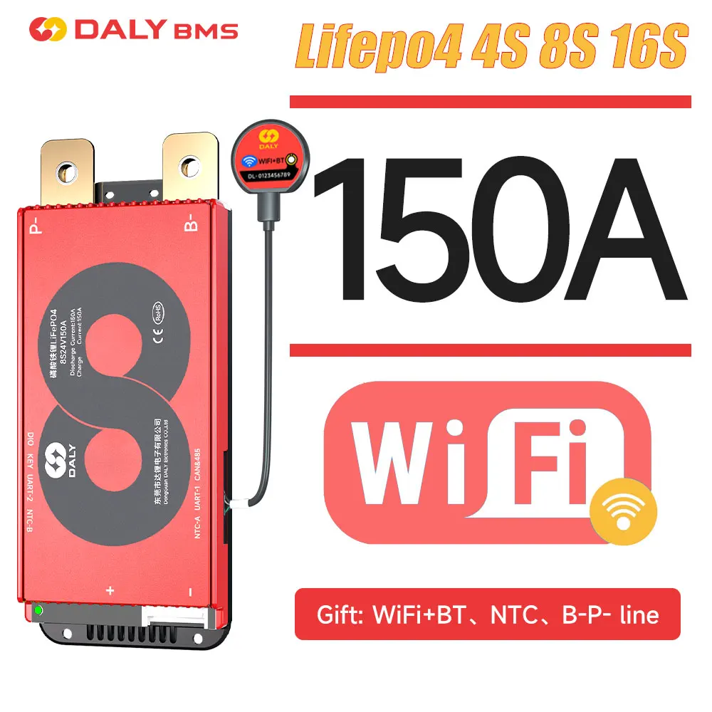 

DALY Smart BMS 2024 Wi-Fi Bluetooth 150A CAN Lifepo4 3,2 в 16S 48 в BMS для аккумуляторных батарей Φ 12 В 8S 24 В для солнечных инверторов