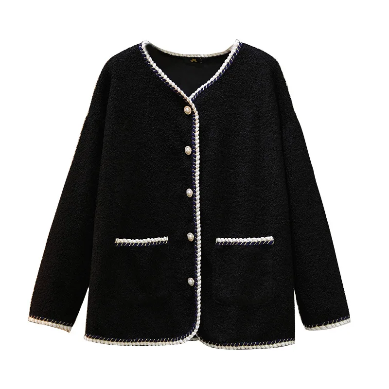 150Kg Plus Size Women\'s Bust 156 Autumn Winter Loose V-Neck Imitation Lamb Wool Small Fragrant Jacket Black 6XL 7XL 8XL 9XL 10XL