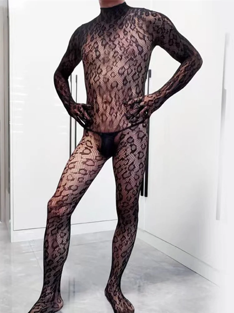 Fishnet Men Sexy Mesh Bodystocking Leopard Transparent Male Underwear Backless Lingerie Bodysuit Underwear Male Underwear