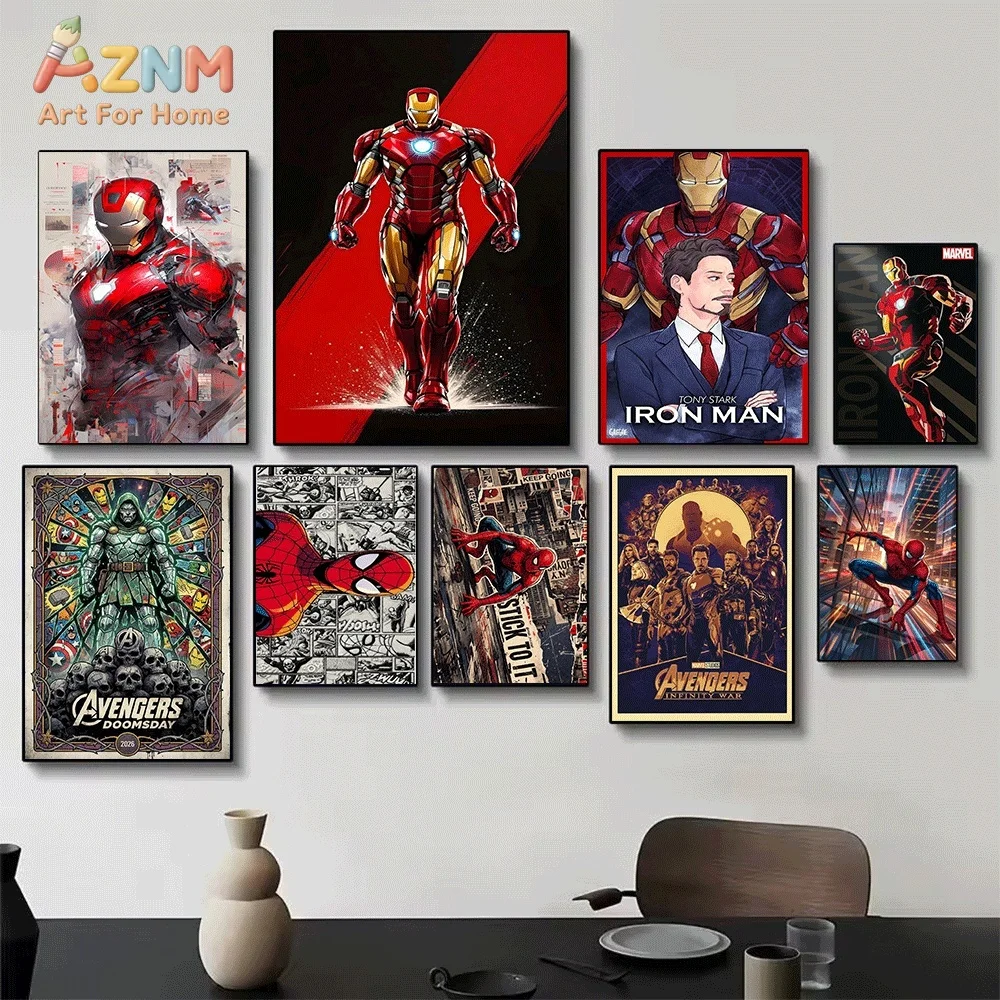 Iron Man Marvel Superhero Canvas Wall Art Avengers Spider‑Man Doomsday Retro Comic Unframed Canvas Print for Boys Bedroom Home
