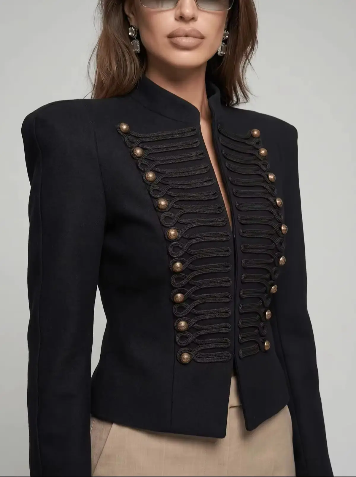 Black Napoleon Coat Elegant Women's Cut Shoulder Pads Stand Collar