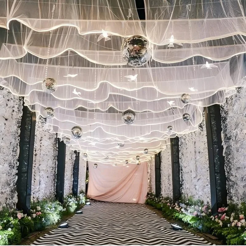 

New Styles White Ceiling Decoration Wave Gauze Curtain With Lights String For Wedding Christmas Event Site Layout Props