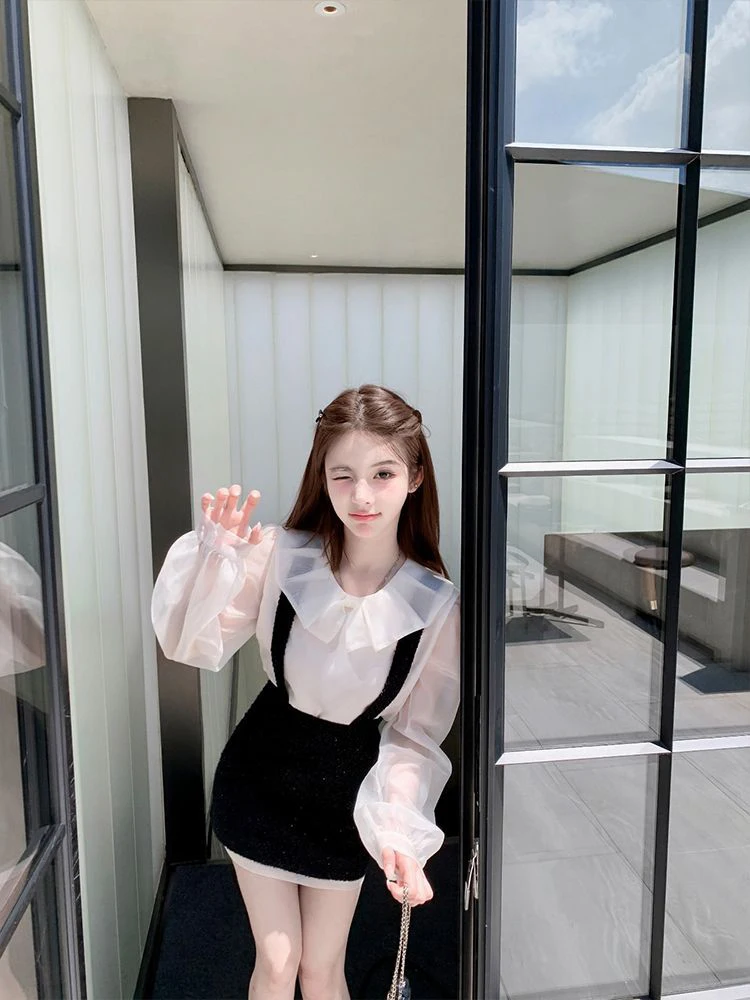 

Elegant Ladylike Shirt Collar Dress Set Short A-Line Skirt Two-Piece Set Youthful Sweet Style Long Sleeve Autumn Fashion