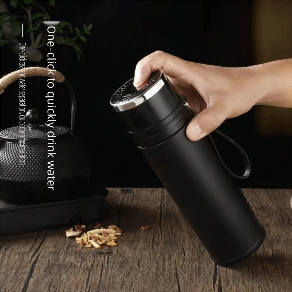 Portable 500ml Black Water Cup One Click Open Lid Memorial Vacuum Flask Tea Separation Car Water Bottle