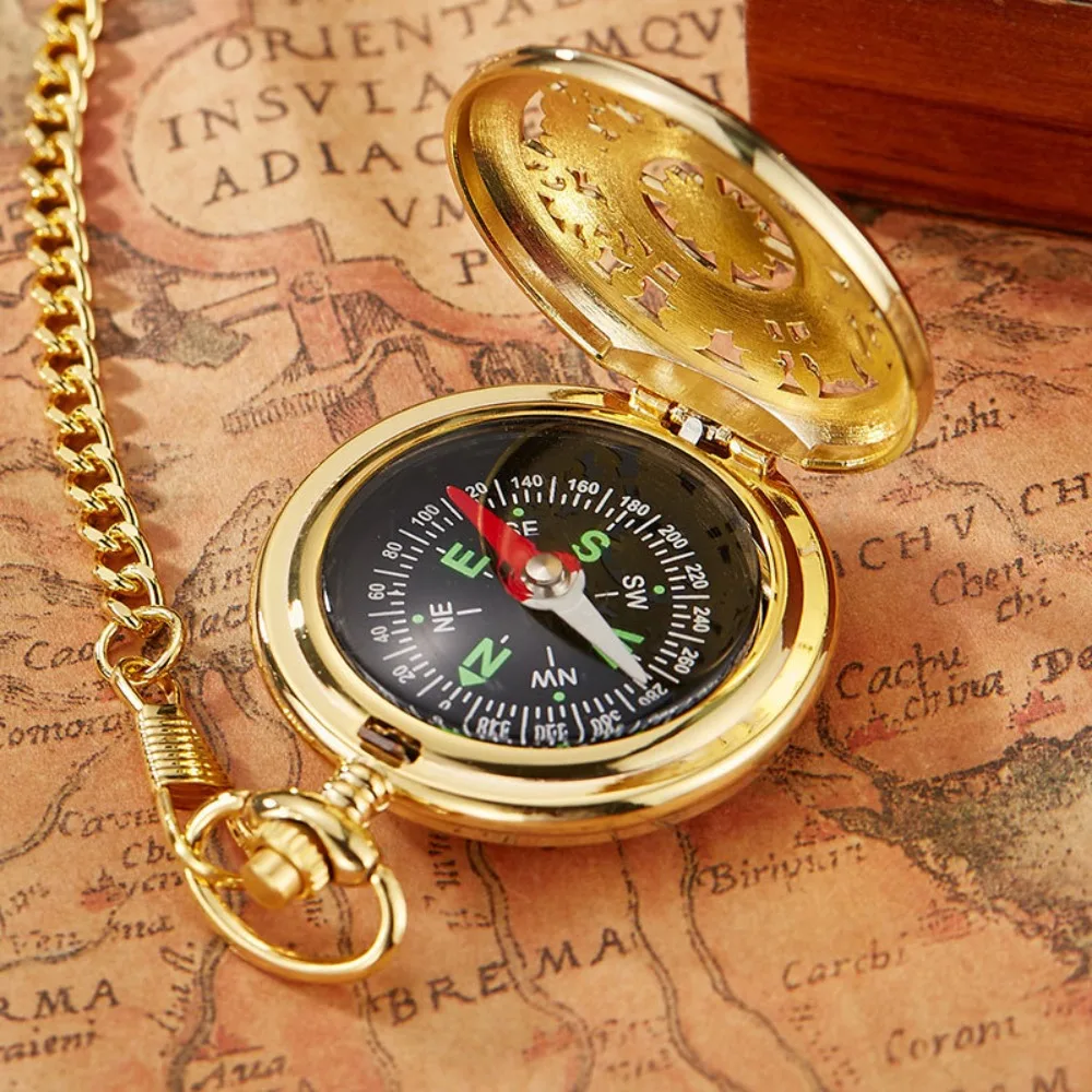 Practical Punk Compass Pocket Watch Clamshell Alloy Gold Case Necklace Pendant Glass Clock Chain