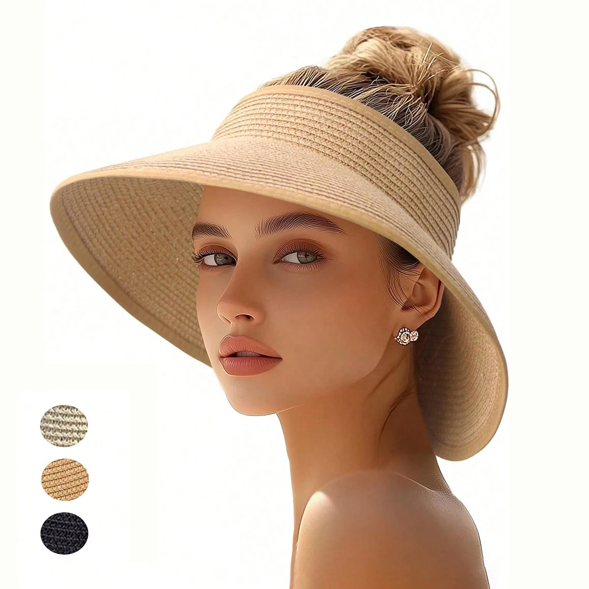 Sonnenhüte mit Visier für Damen, UV UPF Stroh-Strandhut, faltbar, breite Krempe, Pferdeschwanz-Sommerhüte, verstaubar, für Reisen