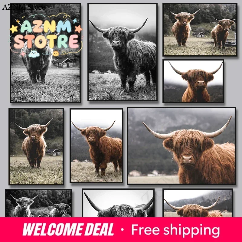Animal Highland Cow Scottish Highland Cow Cattle Art Posters Canvas Painting Black White Wall Prints Pictures Room Home Decor