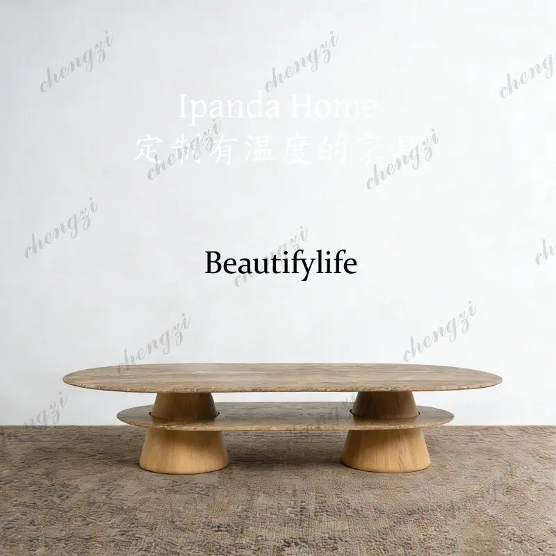 Medieval oval double-layer travertine coffee table French retro high-end solid wood home living room