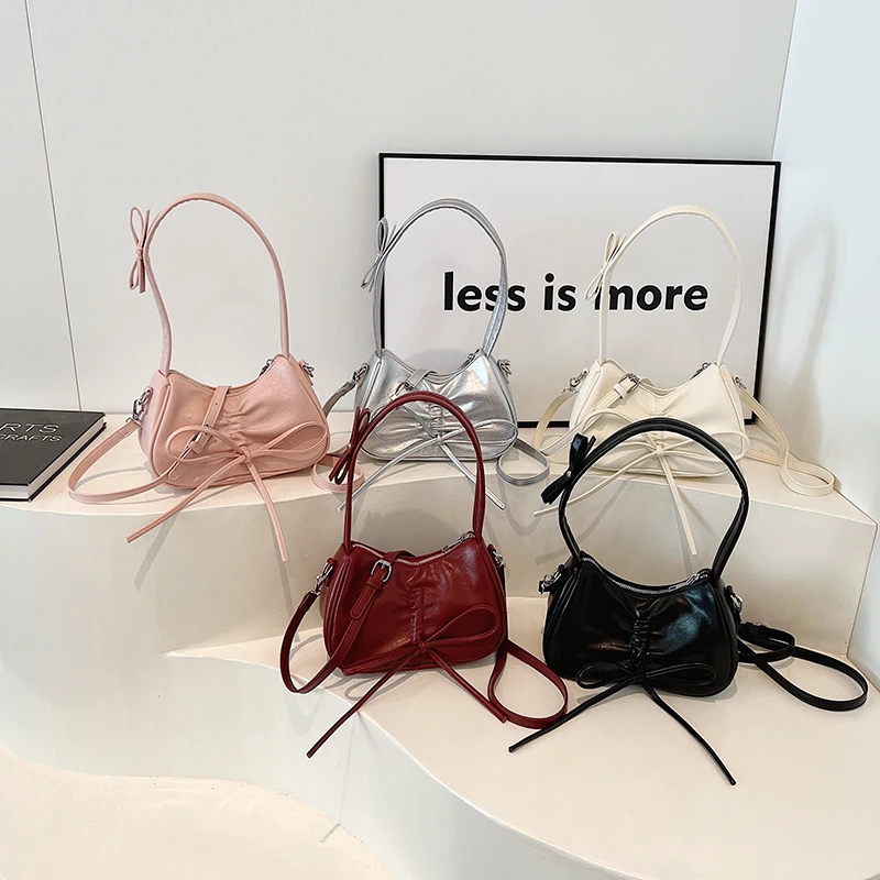 Retro Bow Design Small PU Leather Shoulder Bags For Women 2024 Korean Fashion Designer Crossbody Bag Female Solid Color Handbags