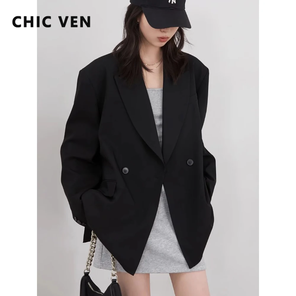 CHIC VEN Women Blazers Solid Loose Double-breasted Wide Shoulder Office Ladies Suit Jacket Oversized Coat Spring Autumn 2026