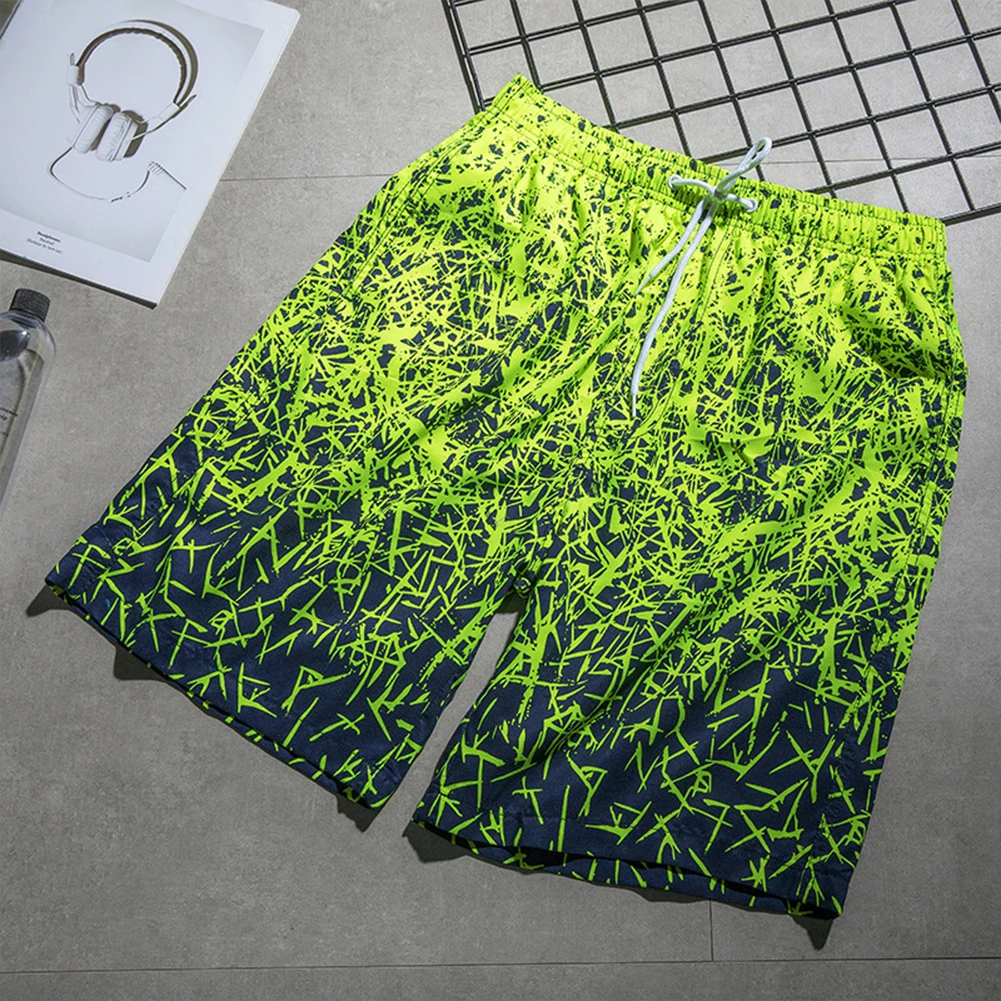 Shorts de renda estampados de cor contrastante masculino, faixa elástica, calça curta de praia com bolsos, moda, venda por atacado