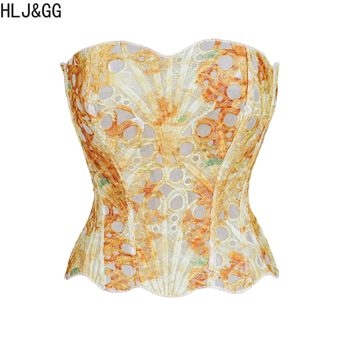 HLJ & GG-Conjunto de dos piezas de tubo Irregular de encaje hueco para mujer, Top corto ajustado sin mangas con hombros descubiertos y Mini faldas con borlas, trajes