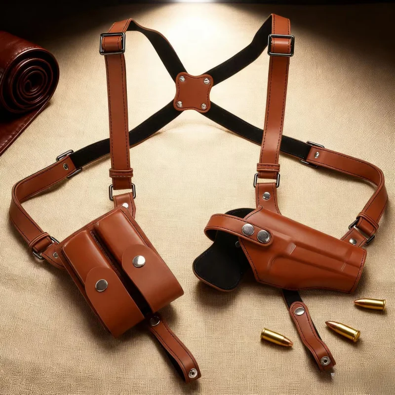 Leather Double Pouch Concealed Pistol Holster with Adjustable Side Strap