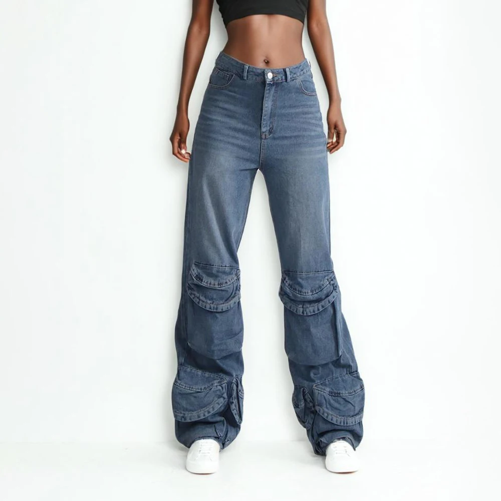 Pantalones Cargo de mezclilla para mujer, ropa de calle de cintura alta, bolsillos de retazos, pantalones sueltos de Color impactante, pantalones largos de pierna ancha, moda femenina