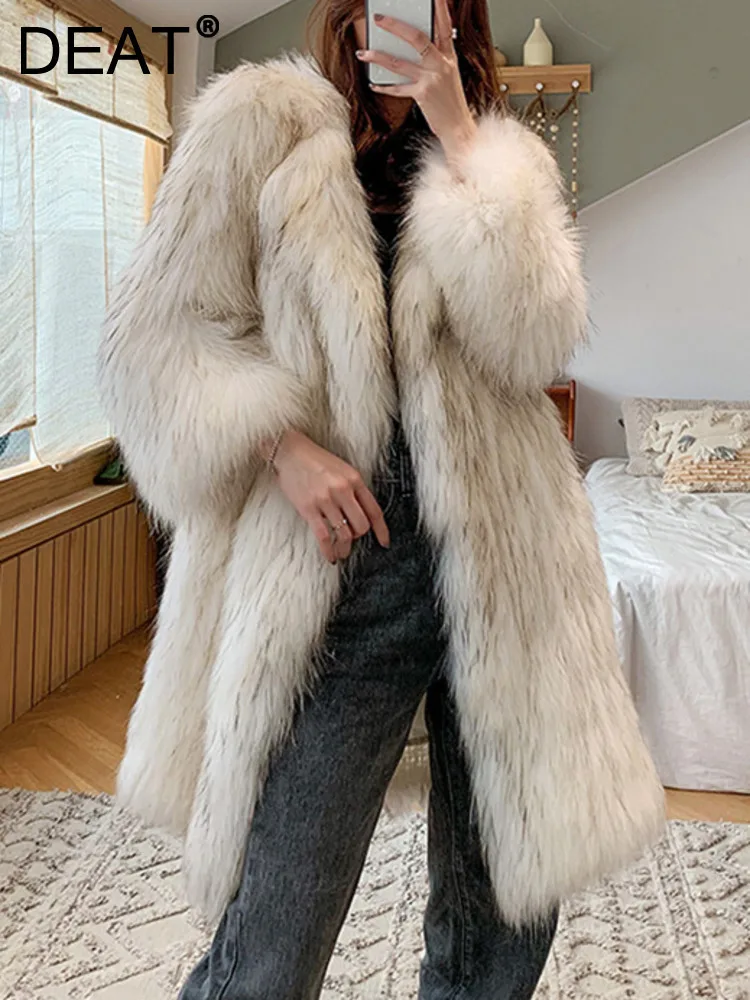 DEAT Fashion Women's Faux Fur Coat Big Lapel Cardigan Long Sleeve Solid Color Loose Thick Warm Jackets Winter 2024 New 7AB6339