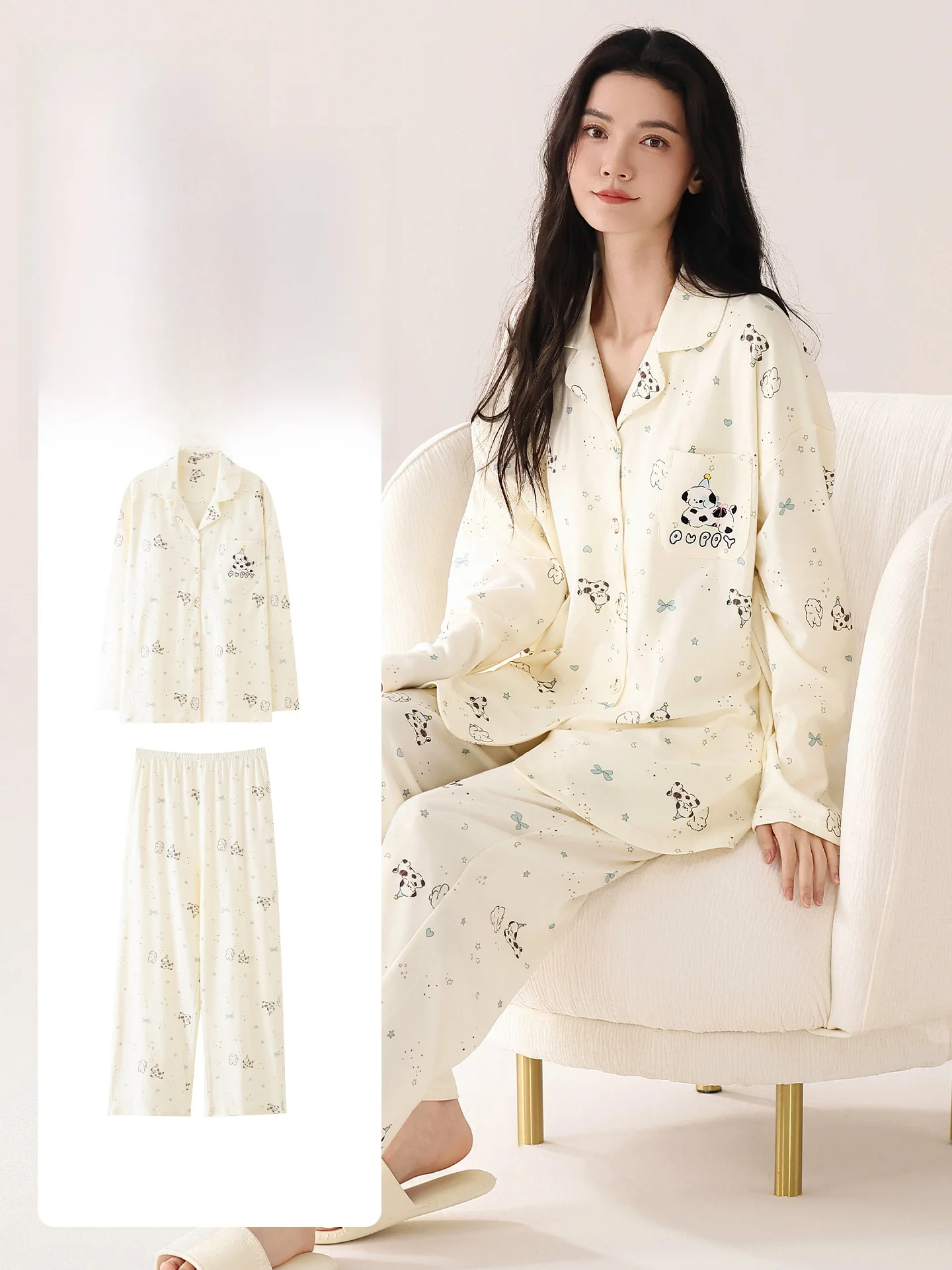 Ladies Pure Cotton Sleepwear Long Sleeve Home Clothes Set Spring Autumn Style with Chest Pad Cartoon Design Comfortable Soft