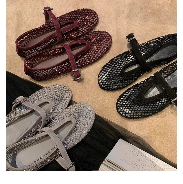 

2026 European and American Spring New Women's Ballet Flats with Fishnet Hollow Mary Jane Shoes