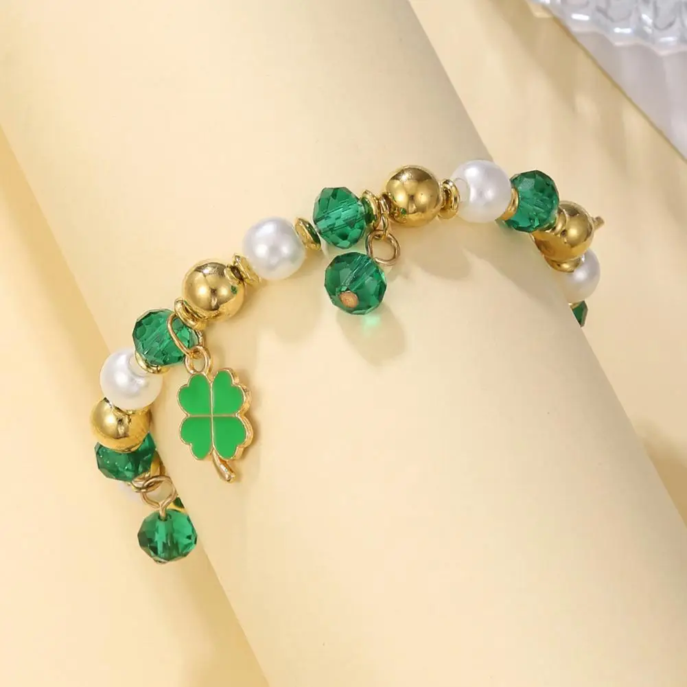 Glass Bead Bracelet Shamrock Bracelet St Patrick’s Day Jewelry Irish Beaded Lucky Charm Bracelet Elastic Clover Festive