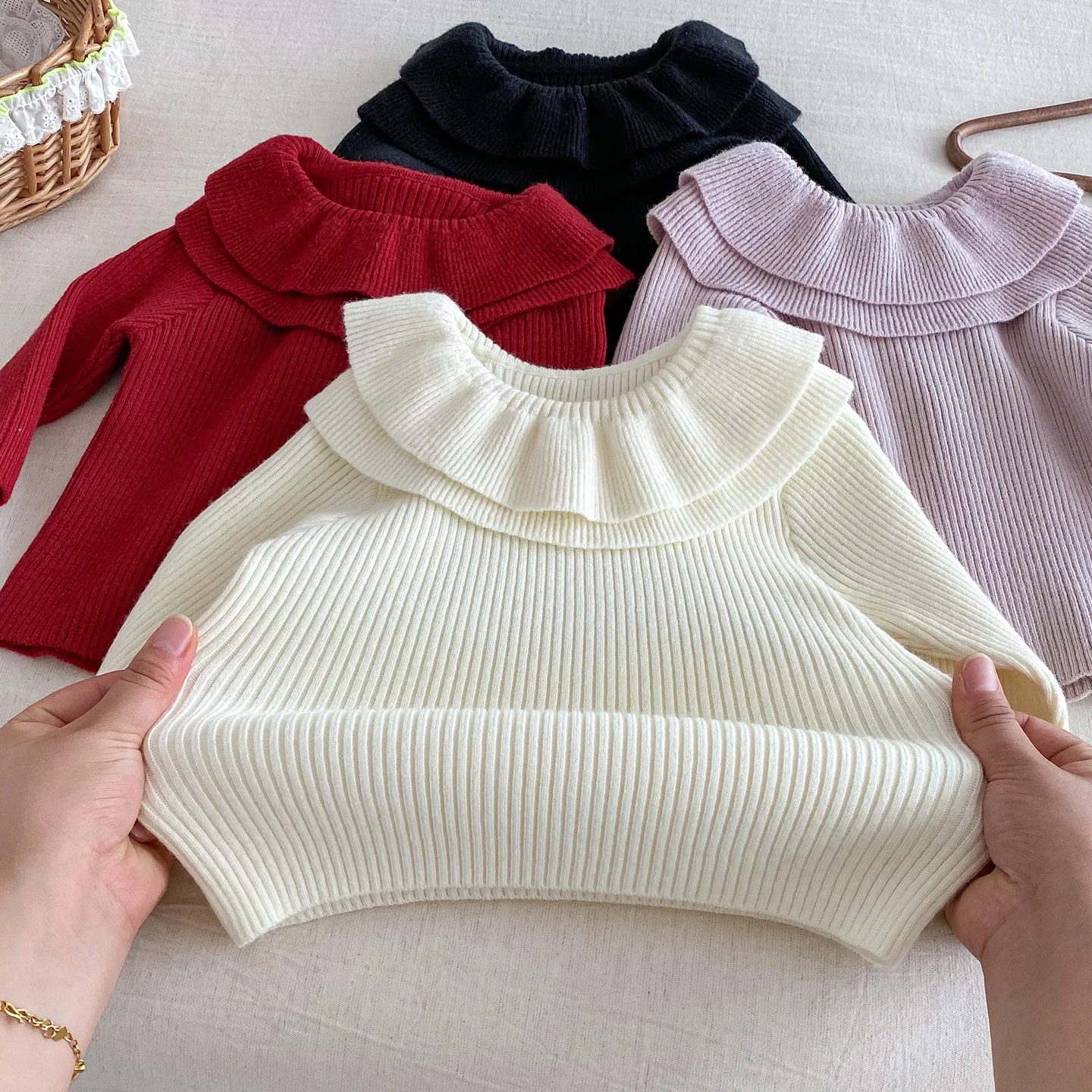 Baby Girls Ribbed Knit Sweater Winter Warm Pullover Lotus Leaf Collar Solid Color Blouse Soft Base Layer Shirt Outfit