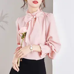 Abbigliamento donna pendolare colletto alla coreana camicetta con fiocco di base tinta unita primavera nuova moda decorazione tridimensionale camicia con volant