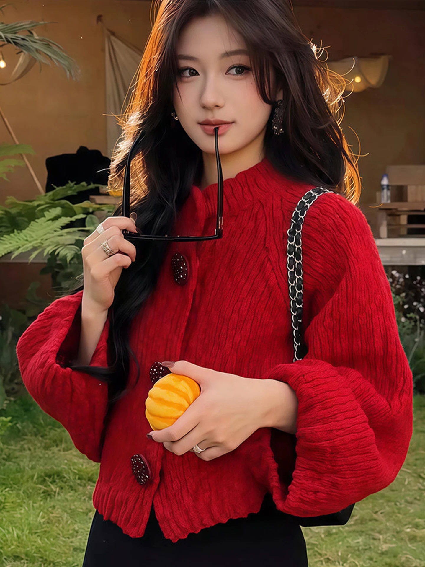 

Red Knitted Sweater Coat Women's Autumn Winter Luxury Sensation Knotted Flower Design Loose Fit Long Sve Button up Top