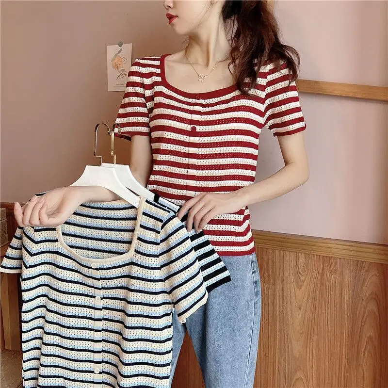 Casual Large Size Women Summer Korean Square Neck Stripe Knitting Loose Short Sleeve Elastic Force Office Lady Short T-shirt